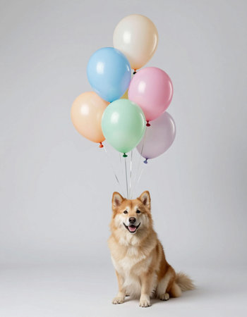 Cute dog with colorful balloons on grey backgroundの写真素材