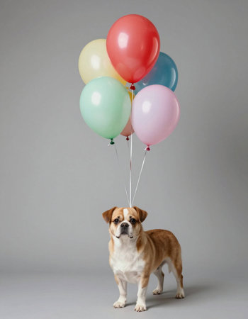 Adorable dog with colorful balloons on grey background. Studio shot.の写真素材