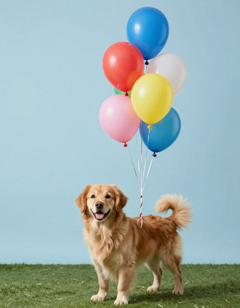 Cute Golden Retriever with colorful balloons on a blue backgroundの写真素材