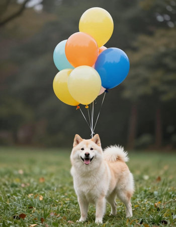Japanese Akita Inu dog with colorful balloons in the park.の写真素材