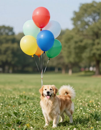 Cute Golden Retriever dog with colorful balloons in the parkの写真素材