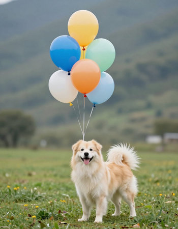 Cute golden retriever with colorful balloons in the meadow.の写真素材