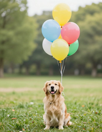 Golden Retriever Dog with Colorful Balloons in the Parkの写真素材