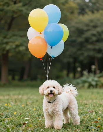 Cute white dog with colorful balloons in the park, selective focusの写真素材