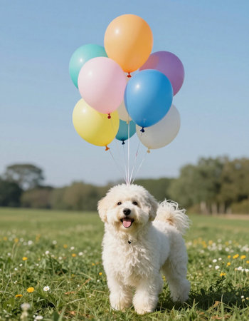 Cute Bichon Frise with balloons in the meadowの写真素材