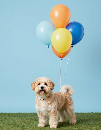 Cute dog with colorful balloons on green grass. Studio shot.の写真素材