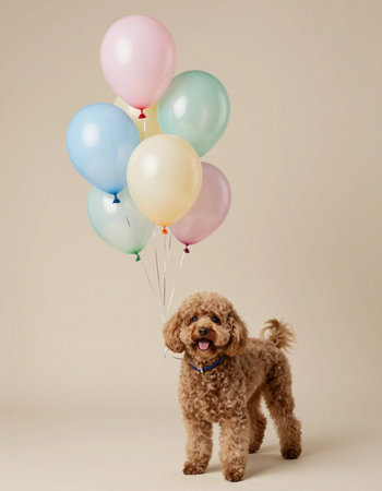 Cute poodle with colorful balloons on beige background, studio shotの写真素材