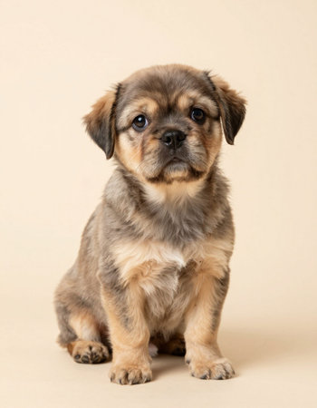 Cute puppy on a beige background. Studio shot. Animal theme.の写真素材