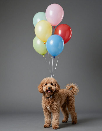 Cute poodle with balloons on grey background. Studio shot.の写真素材