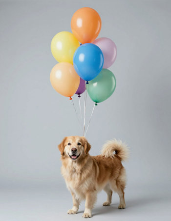 Golden retriever with colorful balloons on grey background. Studio shot.の写真素材