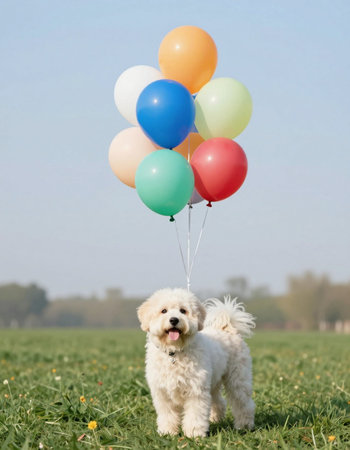 Bichon frise dog with colorful balloons in the meadowの写真素材