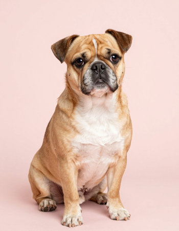 Portrait of an adorable English Bulldog sitting on a pink backgroundの写真素材