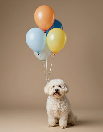 Studio shot of a Bichon Frise dog with colorful balloons.の写真素材