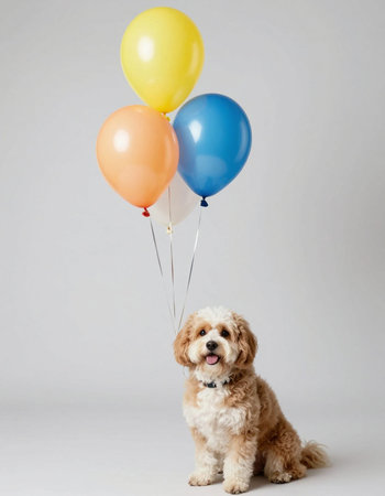 Cute little dog with colorful balloons on grey background. Studio shot.の写真素材