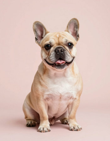 French bulldog sitting and looking at the camera on a pink backgroundの写真素材
