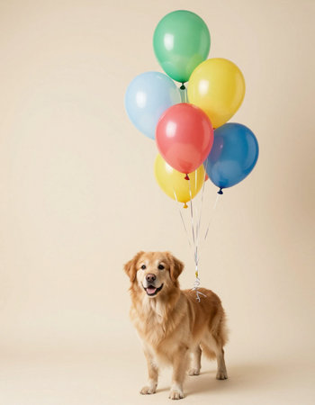 Golden retriever with colorful balloons on beige background. Studio shot.の写真素材