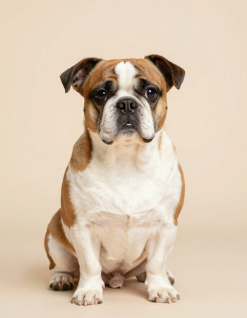 Portrait of an English Bulldog sitting on a beige backgroundの写真素材
