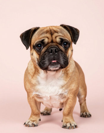 Cute pug dog sitting and looking at the camera on pink backgroundの写真素材