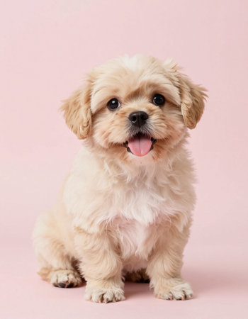 Cute Shih Tzu puppy on pink background, studio shotの写真素材