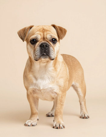 Portrait of a cute English Bulldog standing on beige backgroundの写真素材