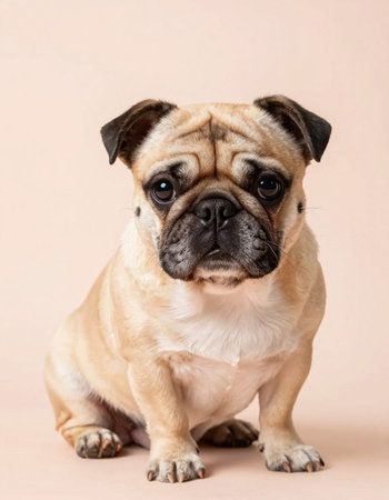 Cute pug dog sitting on beige background and looking at cameraの写真素材