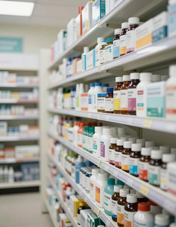Pharmacy drugstore shelves with medicines. Focus on foreground.の写真素材