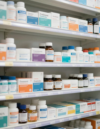 Pharmacy drugstore shelves with medicine bottles and containers for healthcareの写真素材