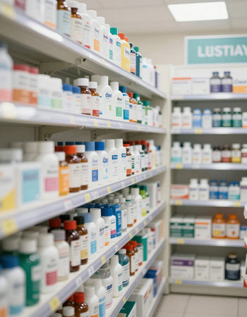Pharmacy drugstore shelves with medicine bottles.の写真素材