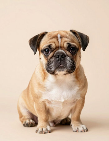Portrait of a cute dog looking at the camera on a beige backgroundの写真素材