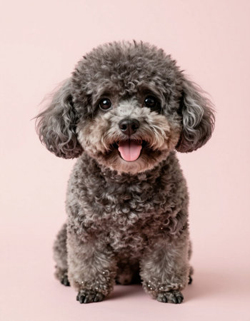 Studio shot of an adorable miniature Poodle sitting on pink background.の写真素材