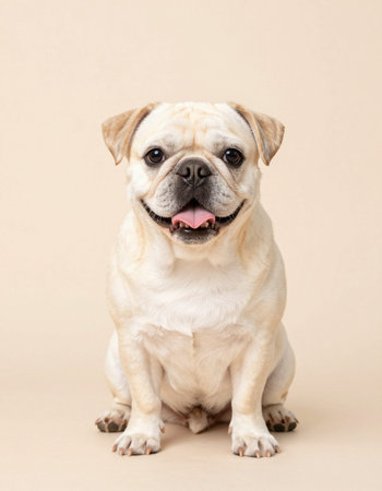 Portrait of a cute pug dog sitting on a beige backgroundの写真素材