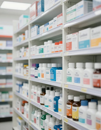 Pharmacy drugstore shelves with medicine bottles. Shallow depth of fieldの写真素材