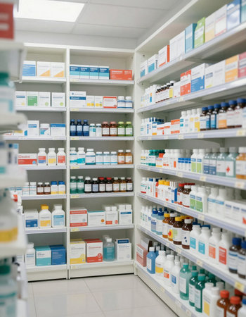 Pharmacy drugstore interior with shelves and medicine bottles. Shallow depth of fieldの写真素材