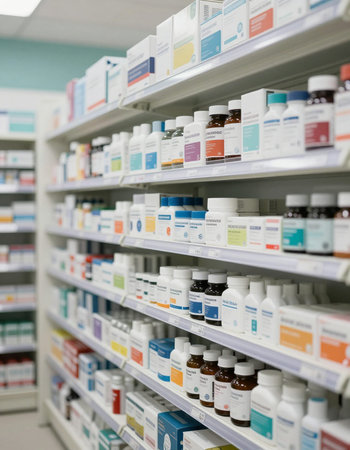 Medicine bottles on shelves in drugstore. Focus on foreground, shallow DOF.の写真素材