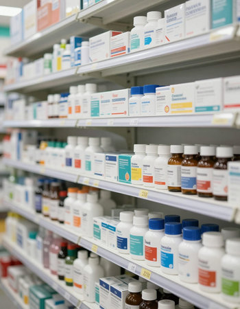 medicine bottles on shelves in pharmacy drugstore, stock photoの写真素材