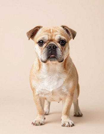 Portrait of a purebred English bulldog on a beige backgroundの写真素材