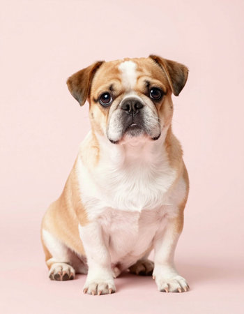 Cute English Bulldog sitting in front of a pink background.の写真素材