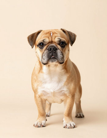 Cute dog on a beige background. Studio shot of a purebred dog.の写真素材