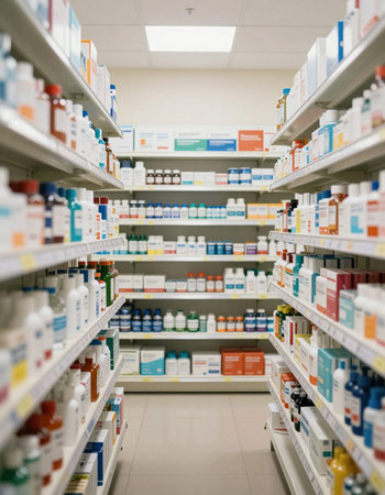 View of a pharmacy drugstore with shelves full of medicine bottles.の写真素材