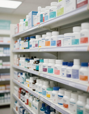Closeup of a row of white pills in a pharmacy drugstoreの写真素材
