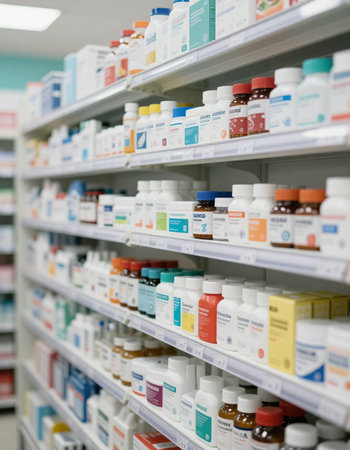 Assorted pharmaceutical medicine pills, tablets and capsules on shelves in drugstoreの写真素材