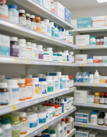 Pharmacy drugstore shelves with medicine bottles and containers. Shallow depth of fieldの写真素材