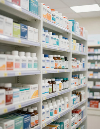 Pharmacy drugstore shelves with medicines. Focus on foreground, shallow DOF.の写真素材