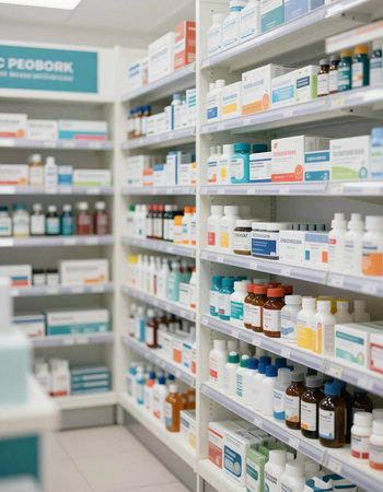 Pharmacy drugstore shelves with a variety of medicines and containersの写真素材