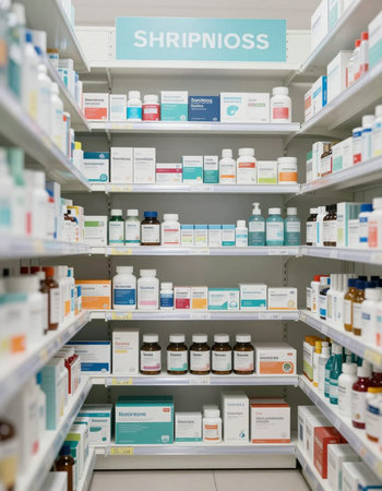 Pharmacy drugstore shelves with medicine bottles and containers, verticalの写真素材