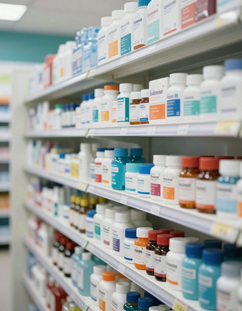 Pharmacy drugstore shelves with medication bottles. Focus on foregroundの写真素材