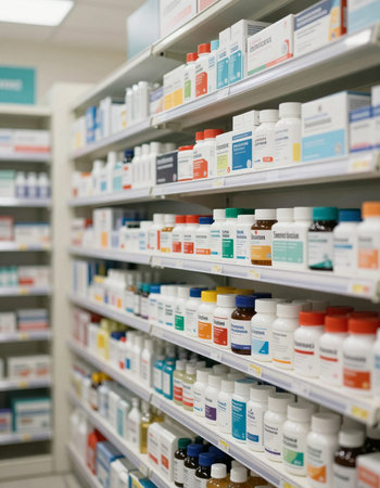 Pharmacy drugstore shelves with a variety of pharmaceutical products.の写真素材
