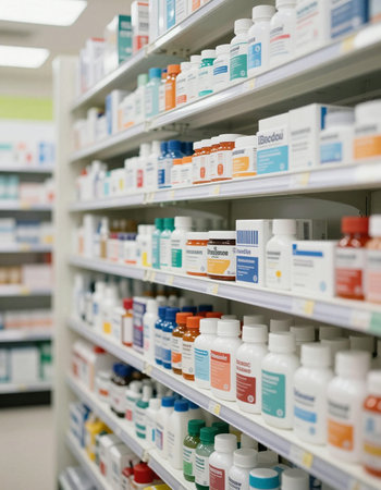Pharmacy drugstore shelves with variety of pills and capsules.の写真素材