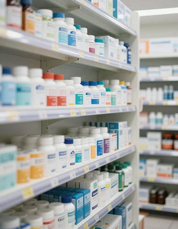 Pharmacy drugstore shelves with medicines and drugs. Shallow depth of fieldの写真素材