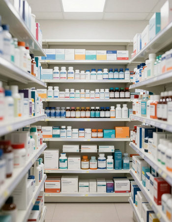 Close-up of a pharmacy drugstore with shelves full of medicinesの写真素材